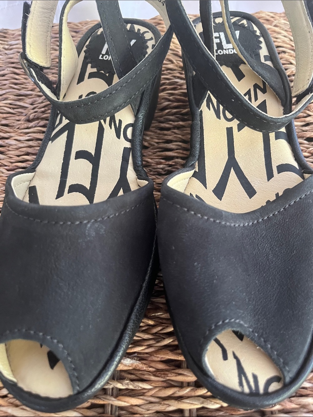 Women’s Fly London Black Peep-Toe Ankle Strap Wedge Sandals